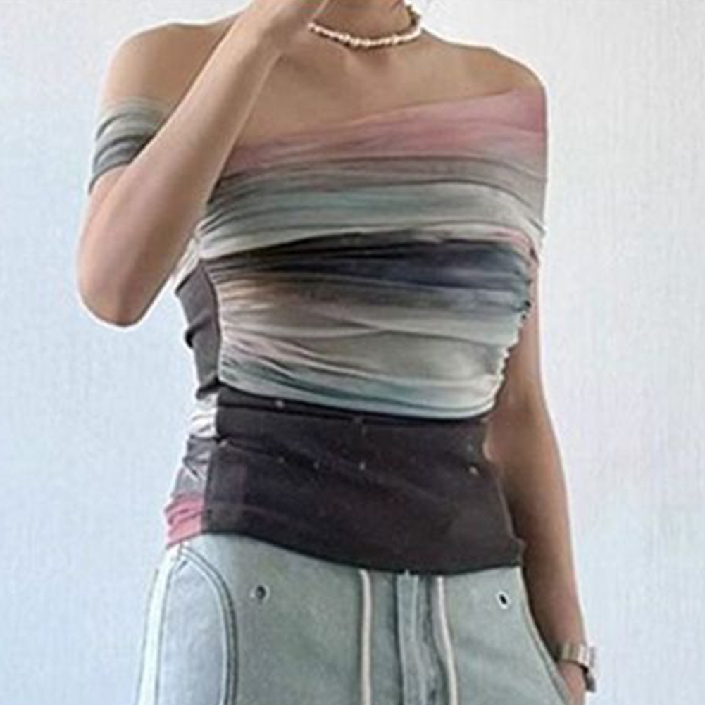 Tie Dye Shirt Vintage - Women Summer Mesh Tie-Dye Off Shoulder