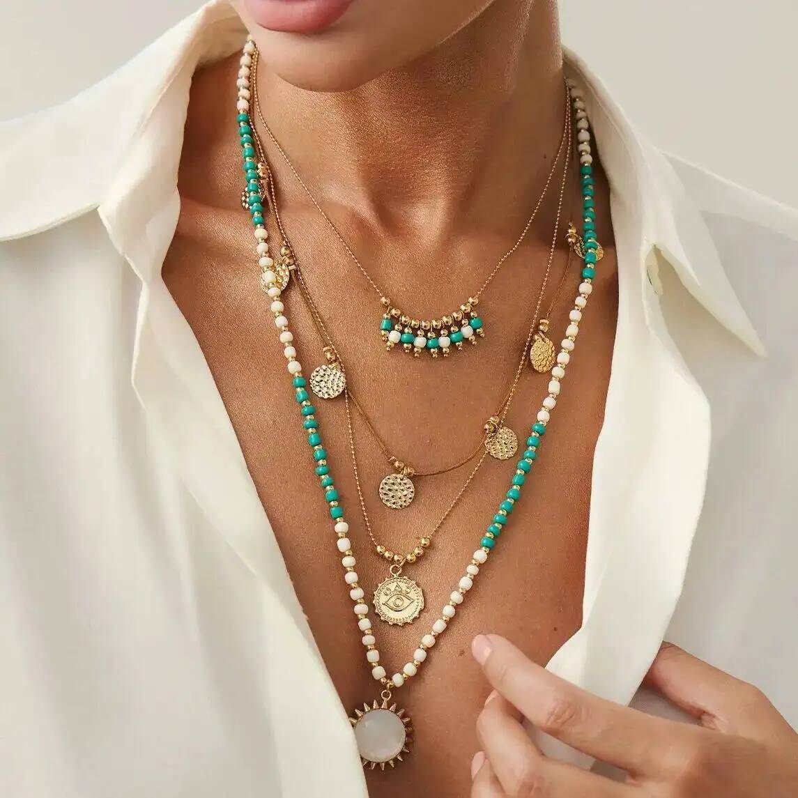 Z Vintage Fashion - IngeSight.Z 2Pcs/set Boho Ethnic Green White
