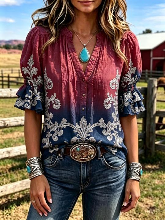 Tie Dye Shirt Vintage - Women Western Tie‑Dye Gradient Blouse V‑Neck